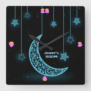 Girls Moon Stars NEON Light Style Personalized Square Wall Clock
