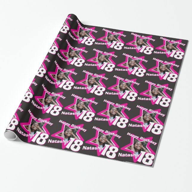 Girls name age 18 photo black pink star pattern wrapping paper (Unrolled)