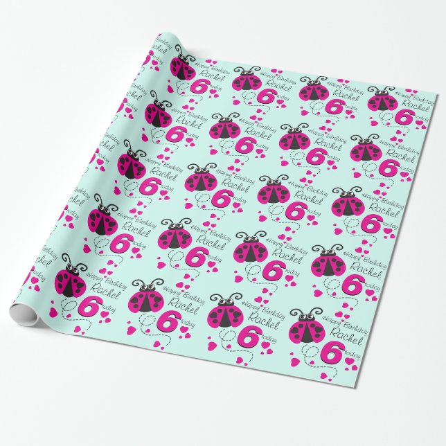 Girls name age ladybug birthday patterned wrap wrapping paper (Unrolled)