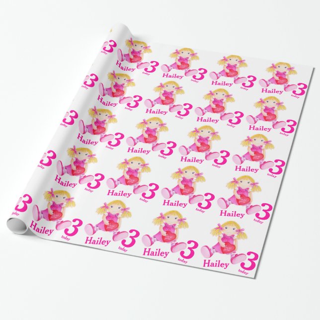 Girls name age painted rag doll birthday wrap wrapping paper (Unrolled)