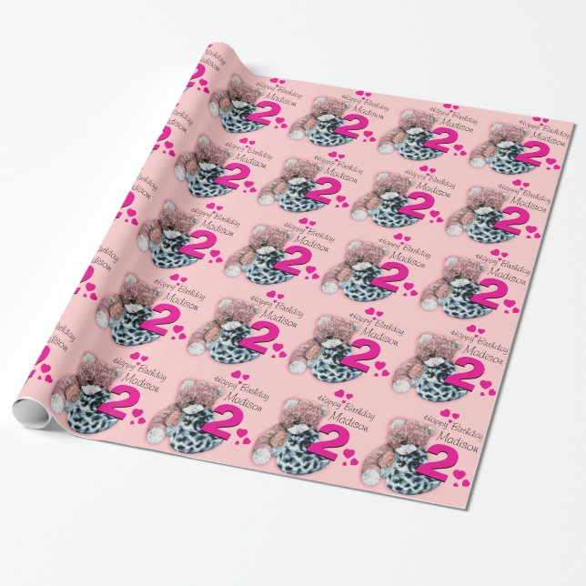 Girls name age soft toys birthday patterned wrap wrapping paper (Unrolled)