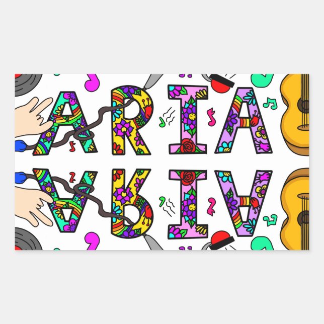 Girl's Name Aria, Flowers and Music Sticker (Front)