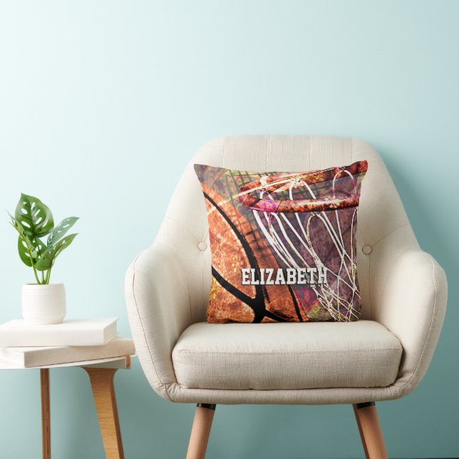 Girls name Basketball and Hoop pink purple orange Throw Pillow (Chair)