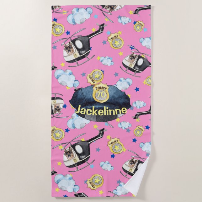 Girl's Name Cute Blue Police Hat Beach Towel (Front)