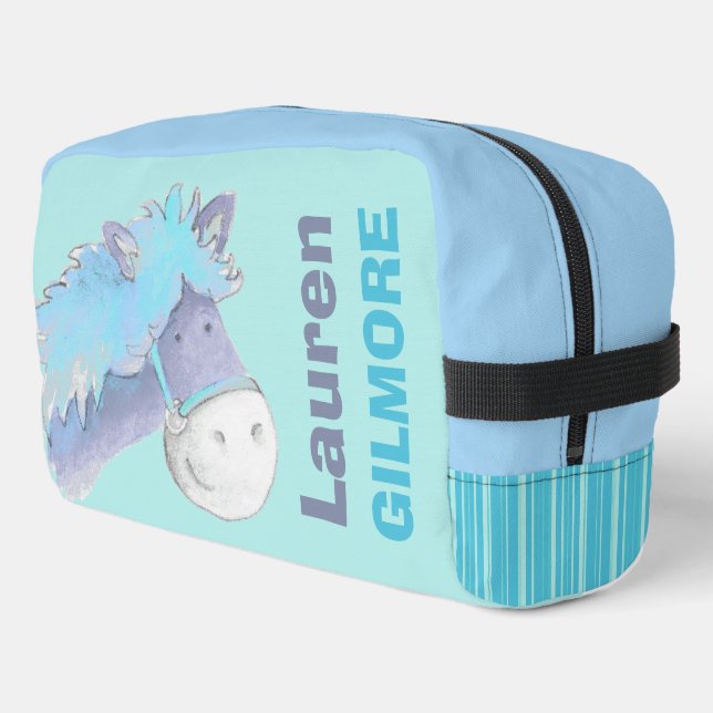 Girls name cute pony watercolor blue aqua  dopp kit (Left Corner)