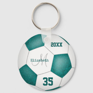girl's name jersey number teal white soccer ball keychain
