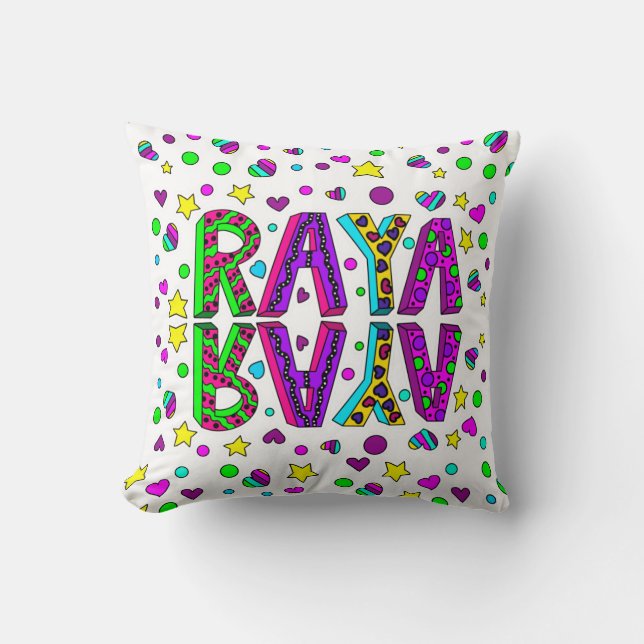 Girl's Name Raya with Stars and Hearts Throw Pillow (Front)