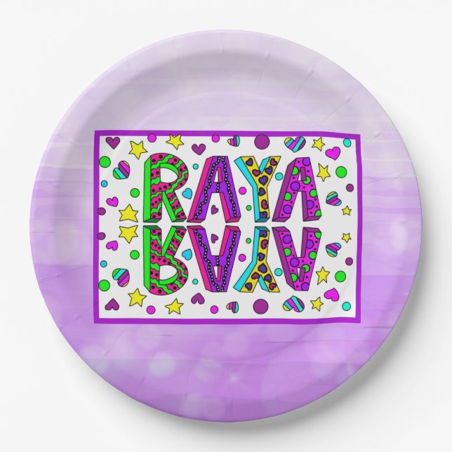 Girl's Name Raya with Stars and Hearts Whimsical   Paper Plate (Front)