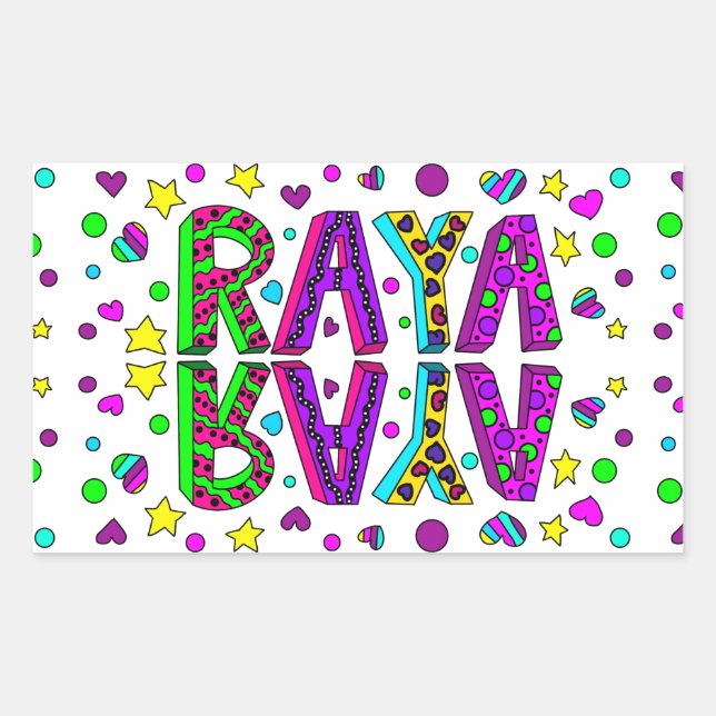 Girl's Name Raya with Stars and Hearts Whimsical Sticker (Front)