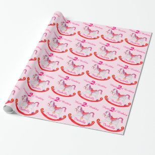 Girls name rocking horse 2nd birthday pattern wrap wrapping paper