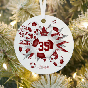 girls name soccer ball blowout maroon metal ornament