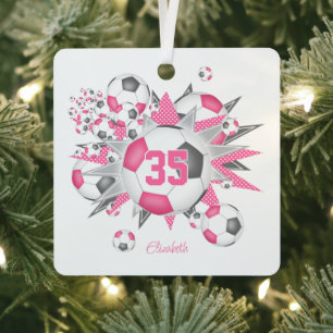 girls name soccer ball blowout pink grey metal ornament