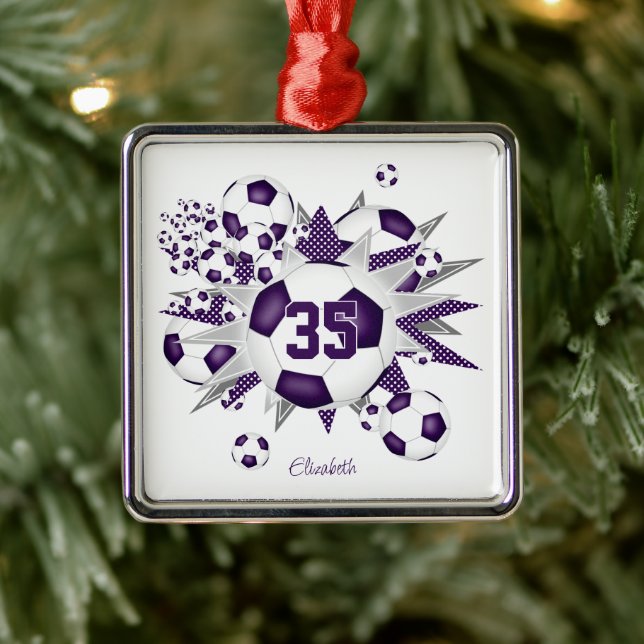 girls name soccer balls stars purple metal ornament (Tree)