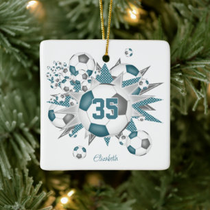 girls name soccer balls stars teal grey ceramic ornament