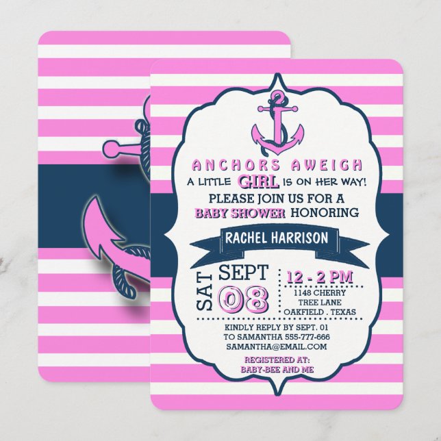 Girl's Nautical Anchor Baby Shower Invitations (Front/Back)