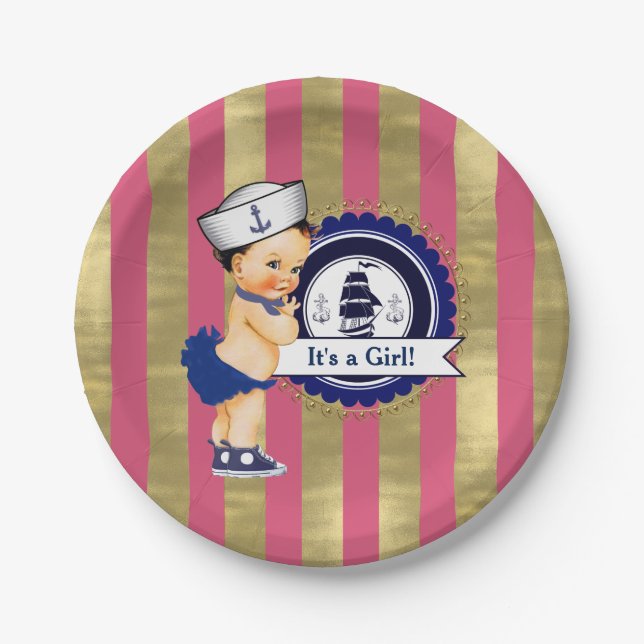 Girls Nautical Navy Blue Pink Gold Baby Shower Paper Plate (Front)