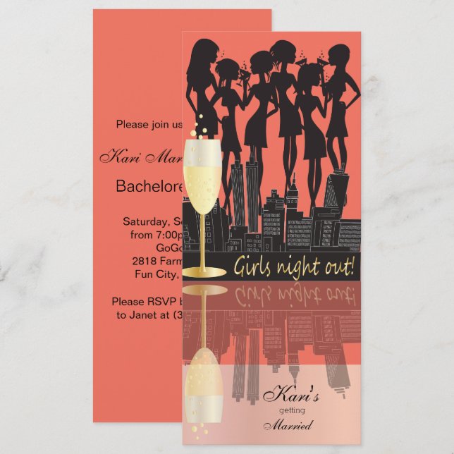 Girls Night Out, Party on the Town - Coral Peach Invitation (Front/Back)
