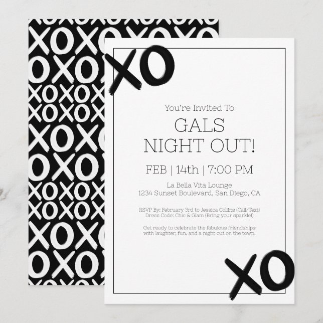 Girls Night Out XOXO Black White Galentine Party Invitation (Front/Back)
