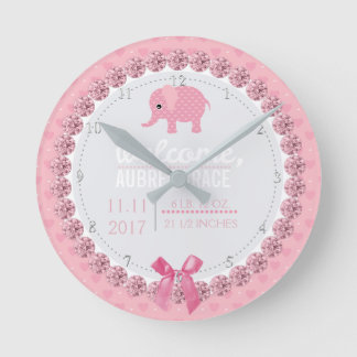 Girls Nursery Pink Elephant | Custom Birth Stats Round Clock