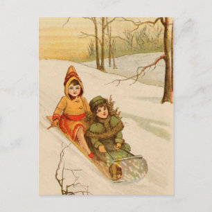 Girls on a Sled in Winter Snow Postcard
