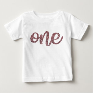 Girls One First Birthday Rose Gold Glitter Baby T-Shirt