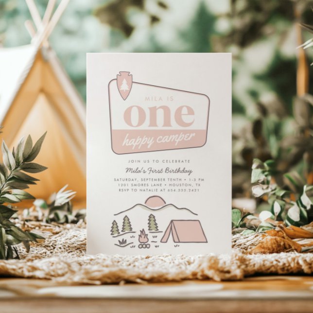 Girl's One Happy Camper Park Explorer 1st Birthday Invitation (Creator Uploaded)