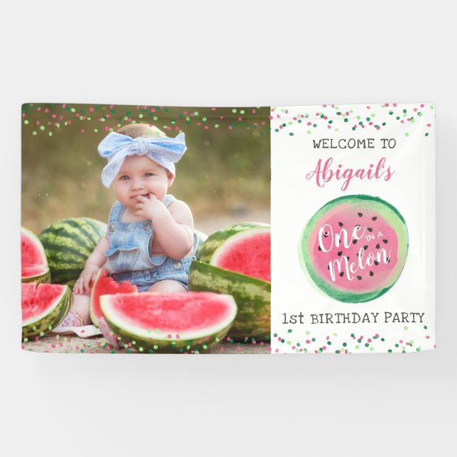 Girls One in a Melon 1st Birthday Party Welcome Banner (Horizontal)
