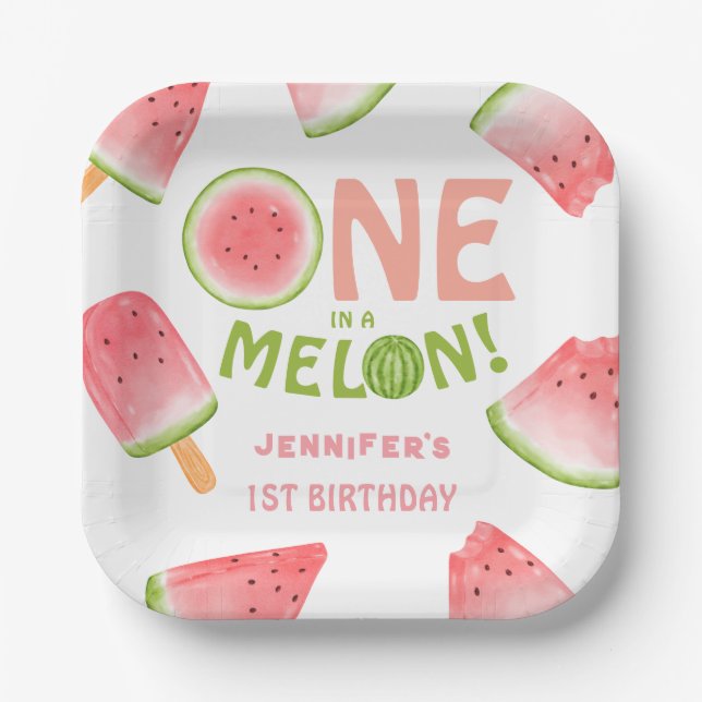 Girls ONE in a Melon! Watermelon Birthday Party  Paper Plate (Front)