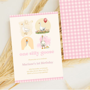Girls One Silly Goose Pink First Birthday Gingham Invitation