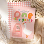 Girls One Silly Goose Summer Kids First Birthday Invitation<br><div class="desc">This cute and whimsical girls 1st birthday invitation design features one silly goose with a pink party hat, and can be personalized with all the information you need for your child's first party in a cute and colourful typography. The invite also features a matching pink gingham pattern on the back....</div>
