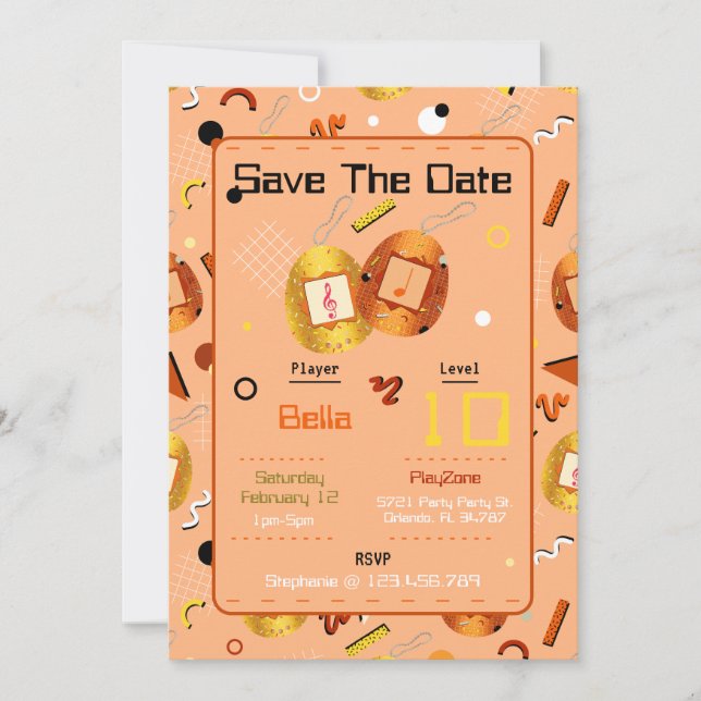 Girls Orange Gaming Tamagotchi Invitation Annivers (Devant)