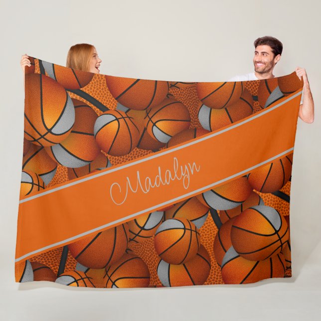 girls orange grey basketballs pattern personalized fleece blanket (In Situ)