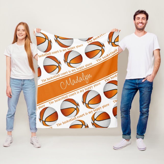 girls orange white basketball court my happy place fleece blanket (In Situ)