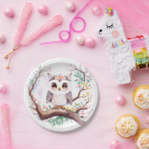 Girl's Owl Baby Shower Forest Adventure Paper Plate