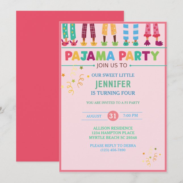  Girls Pajama Sleepover Birthday Party   Invitation (Front/Back)