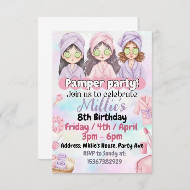 Girls pamper party birthday invitation (Front/Back)