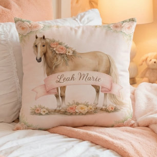 Girls Peach Floral Horse Personalized Name Throw Pillow