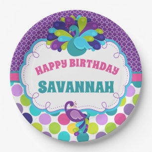 Girls Peacock Happy Birthday Party Personalized Paper Plate