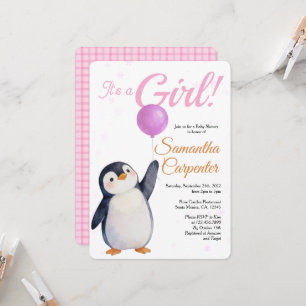 Girl's Penguin Pink Baloon Watercolor Baby Shower Invitation