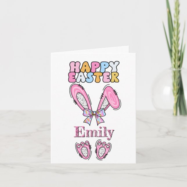 Girls Personalize Happy Easter Bunny Pink Note Card (Front)
