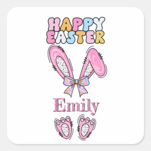 Girls Personalize Happy Easter Bunny Pink Square Sticker