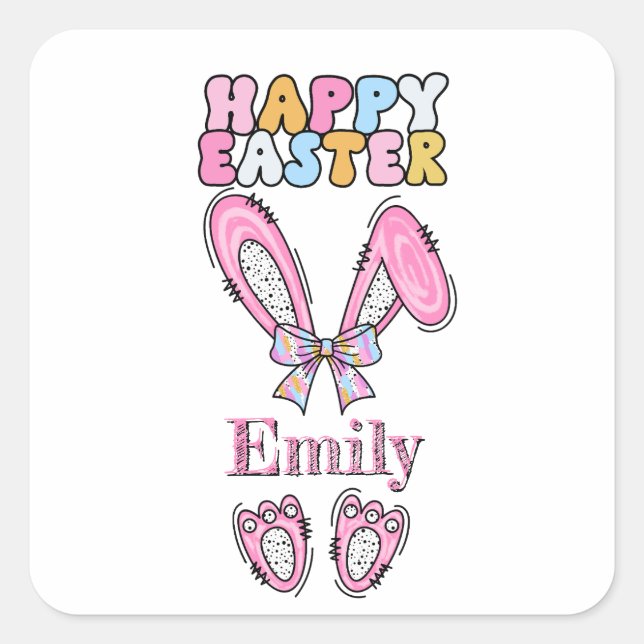 Girls Personalize Happy Easter Bunny Pink Square Sticker (Front)
