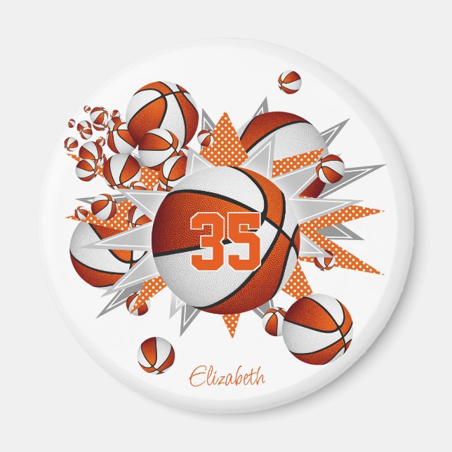 girls personalized basketballs stars orange white magnet (Front)