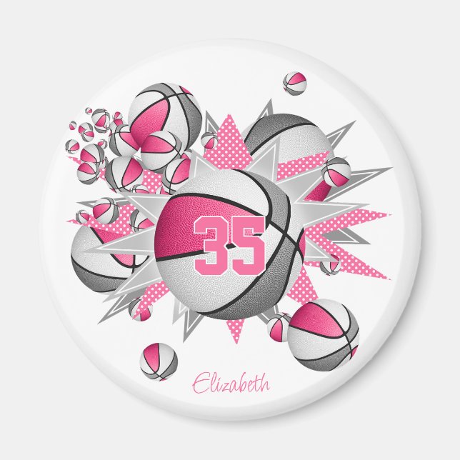 girls personalized basketballs stars pink grey magnet (Front)