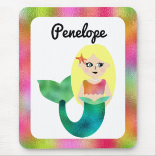 Girls Personalized Blonde Faux Foil Mermaid Kids Mouse Pad