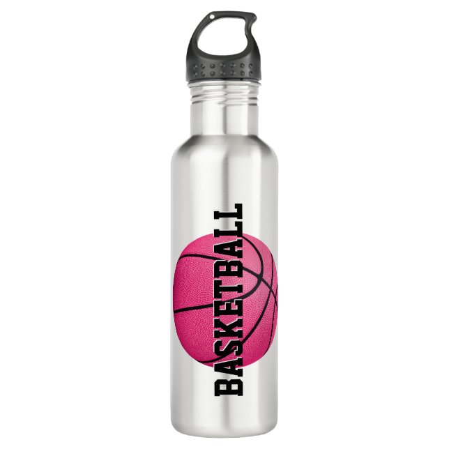 girl's personalized bright pink basketball 710 ml water bottle (Front)