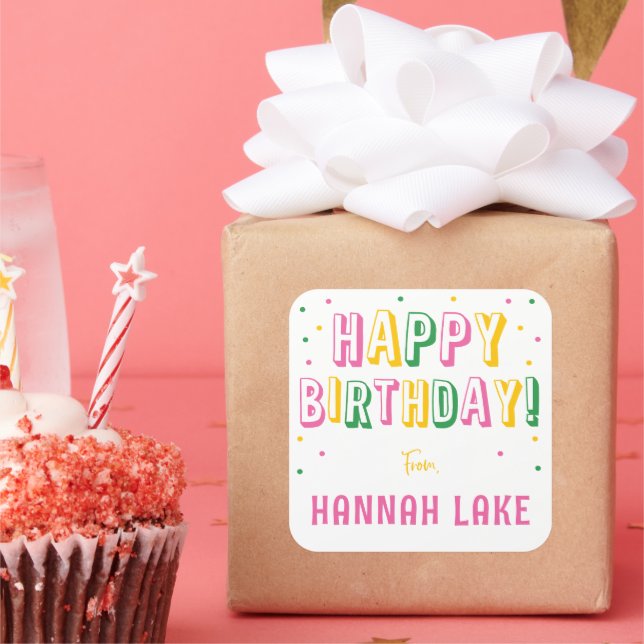 Girls Personalized Confetti Happy Birthday Square Sticker (Party)