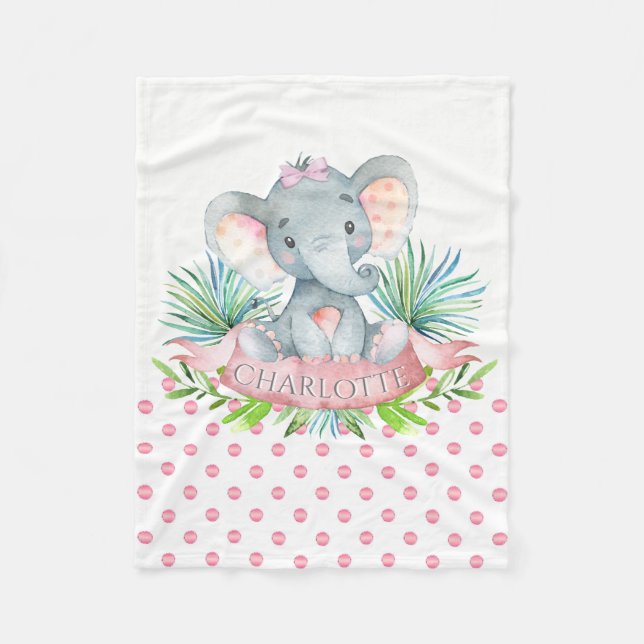 Girls Personalized Elephant Baby Blanket (Front)