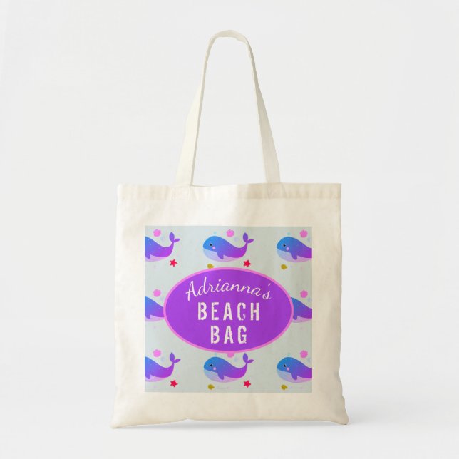 Girls Personalized Purple Whale Beach Tote Bag (Front)