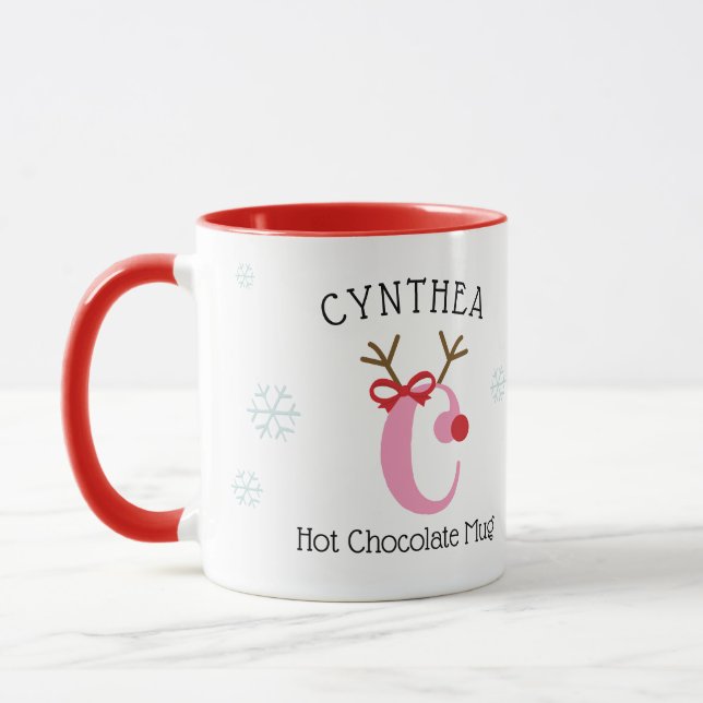 Girls Personalized Reindeer C Hot Chocolate Mug (Left)
